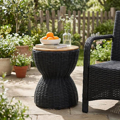 Christopher Knight Home Denhill 15.25" Outdoor Side Table, Round Patio End Table with Wood Top and Wicker Base, Small Outdoor Coffee Table for Balcony Garden, Accent Garden Stool, Black+Natural