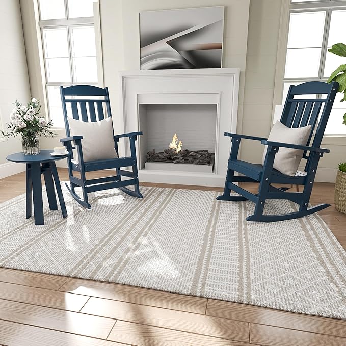 Outdoor Rocking Chairs Set of 8, Oversized High Back Patio Rocking Chairs, All Weather Porch Rocking Chairs for Outside. Navy Blue