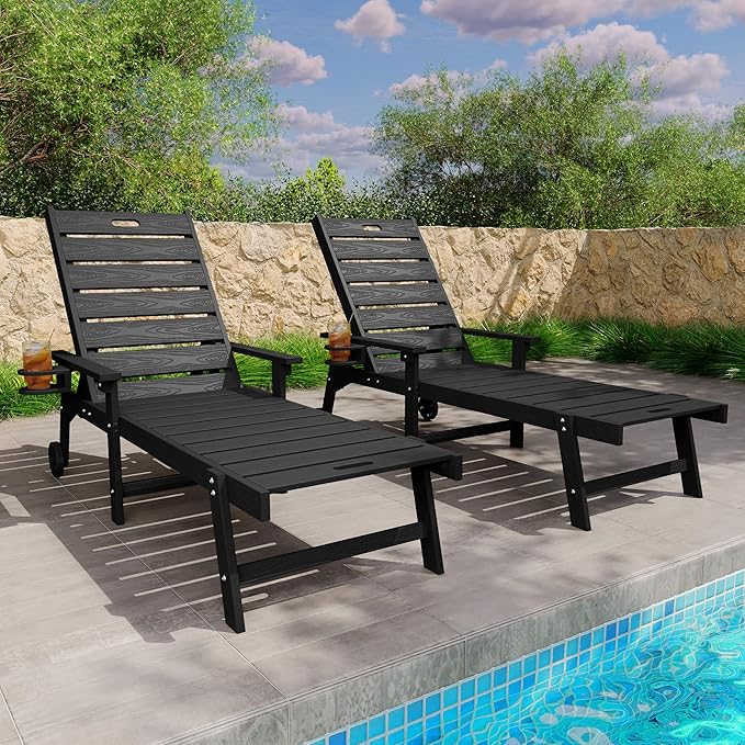 YEFU Lounge Chair Outdoor Set of 2: Outdoor Chaise Lounge with 5-Level Adjustable Backrest, Cup Holders & Wheels, All-Weather Resistance Chaise Lounge for Outside/Patio/Beach/Deck, Black