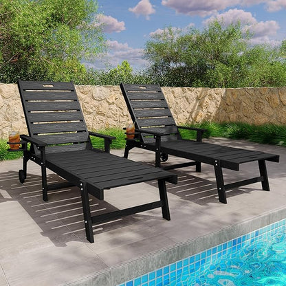 YEFU Lounge Chair Outdoor Set of 2: Outdoor Chaise Lounge with 5-Level Adjustable Backrest, Cup Holders & Wheels, All-Weather Resistance Chaise Lounge for Outside/Patio/Beach/Deck, Black