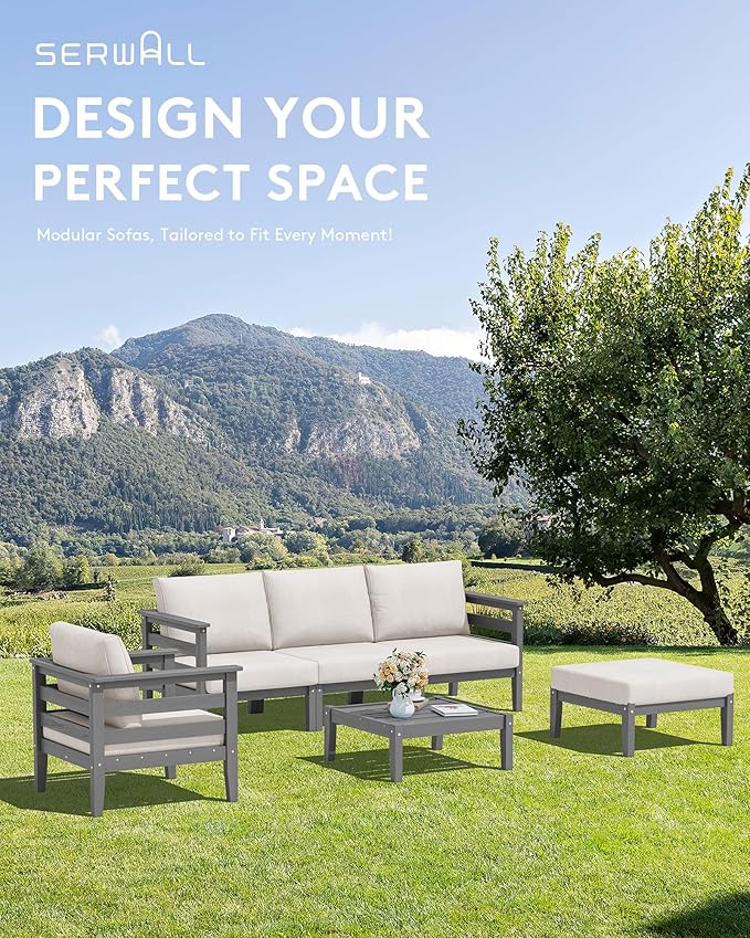 SERWALL HDPE Patio Furniture Set, 10 Pieces Outdoor Sectional Sofa Set, All-Weather Wood-Like Outdoor Sofa Couch with Coffee Table for Deck, Lawn, Grey Frame with Khaki Cushion