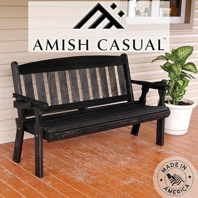Amish Casual Heavy Duty 800 Lb Mission Pressure Treated Garden Bench with Cupholders (5 Foot, Semi-Solid Black Stain)