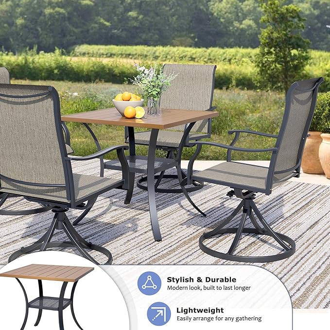 27.6" Square Outdoor Patio Table, All-Weather Metal Patio Table with Storage Shelf,Outdoor Dining Table for Lawn Garden Porch, Walnut