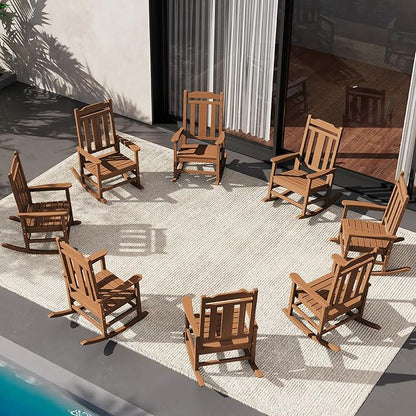 SERWALL HDPE Outdoor Rocking Chair Brown Set of 8, All Weather Patio Rocking Chair, Poly Rocking Chair for Adults