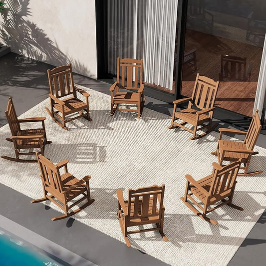 SERWALL HDPE Outdoor Rocking Chair Brown Set of 8, All Weather Patio Rocking Chair, Poly Rocking Chair for Adults