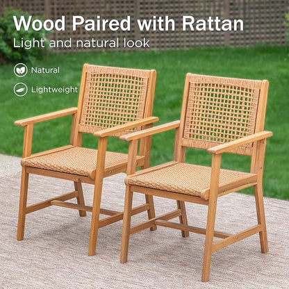 PHI VILLA Outdoor Acacia Wood Dining Chairs Set of 2, Armchairs with Strong Wicker Back & Seat, Farmhouse Style Teak Patio Deck Yard Balcony Garden Furniture