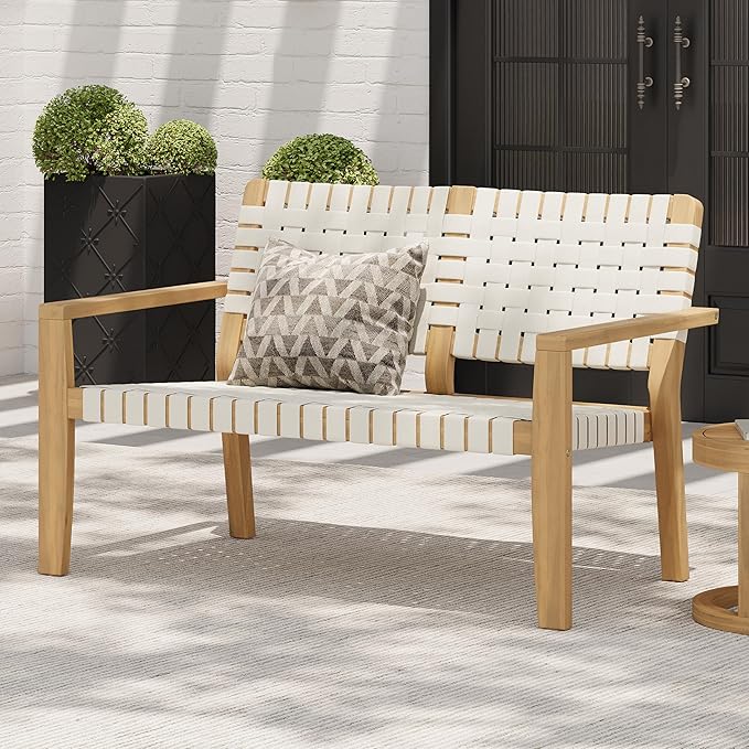 Christopher Knight Home Lenno Patio Loveseat, Acacia Wood Outdoor Bench, Woven Rope Armchair, 2 Seater Bench, Spacious Seating Sofa, Outdoor Acacia Wood Loveseat for Gardern Poolside Porch, White