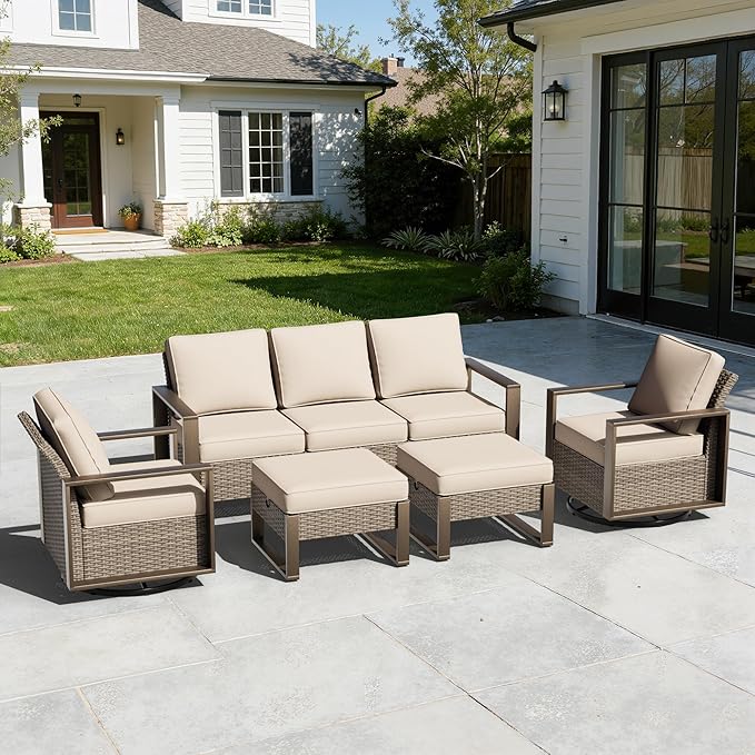 5 Pieces Metal Wicker Patio Furniture Set with 75" Sofa, Two Swivel Chairs and Two Ottomans, All Weather Rattan Outdoor Conversation Furniture with Washable Cushions for Porch, Beige