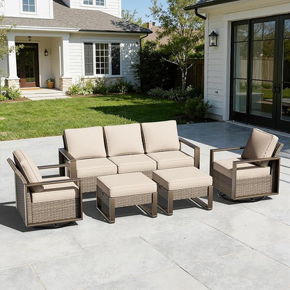 5 Pieces Metal Wicker Patio Furniture Set with 75" Sofa, Two Swivel Chairs and Two Ottomans, All Weather Rattan Outdoor Conversation Furniture with Washable Cushions for Porch, Beige