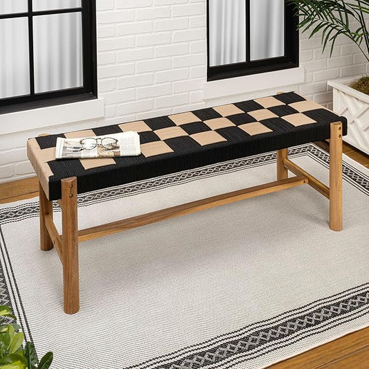 Eyely HNB202A Denis 48" 2-Seat Backless 700-Lbs Support Acacia Wood Outdoor Bench with Checkerboard Woven Rope Seat for Patio, Garden, Lawn, Backyard, Pool, Deck, Beach, Black/Beige