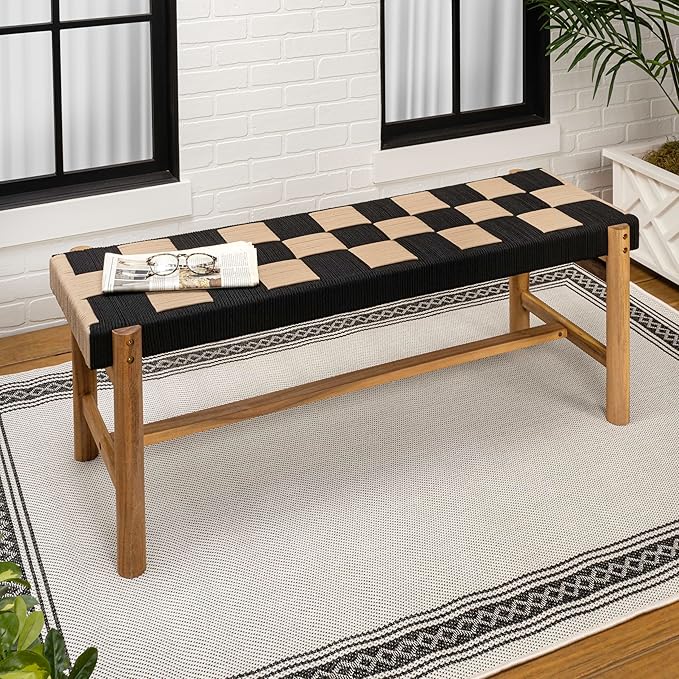 JONATHAN Y BNH202A Denis 48" 2-Seat Backless 700-Lbs Support Acacia Wood Outdoor Bench with Checkerboard Woven Rope Seat for Patio, Garden, Lawn, Backyard, Pool, Deck, Beach, Black/Beige