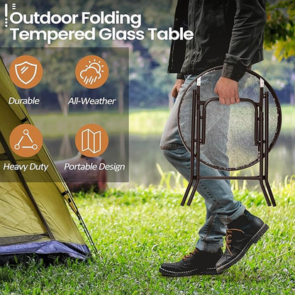 Foldable Side Table with Tempered Glass Top 18" Outdoor Folding Side Table Small Glass Patio Tables for Porch Yard Balcony Deck Lawn Dining Garden (Brown)