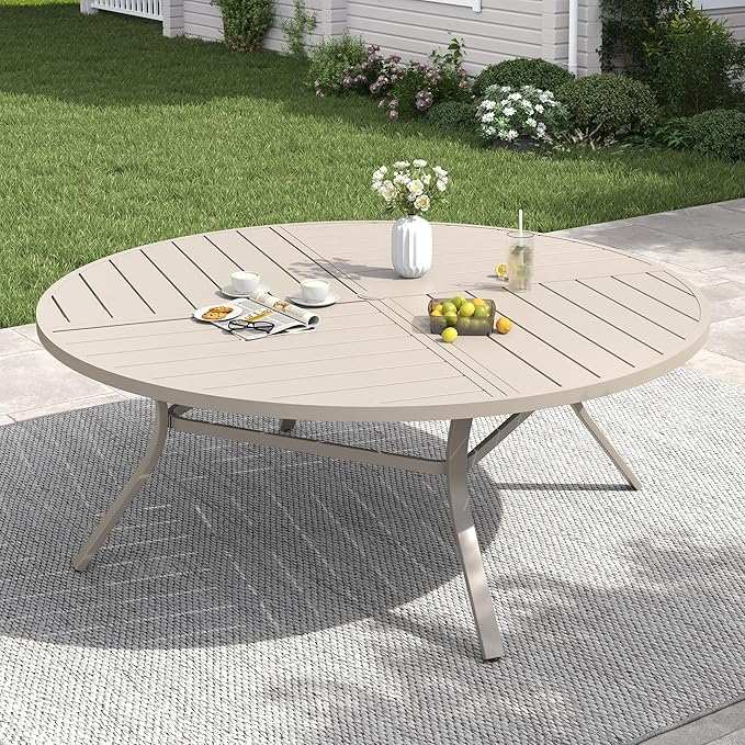 VICLLAX 63" Round Patio Table with Umbrella Hole, All Weather Metal Outdoor Dining Table for 8-10, Outside Table for Lawn Garden, Sandshell Color