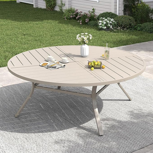 VICLLAX 63" Round Patio Table with Umbrella Hole, All Weather Metal Outdoor Dining Table for 8-10, Outside Table for Lawn Garden, Sandshell Color