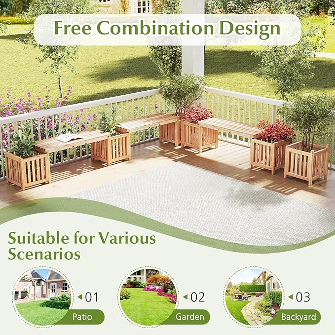 HAPPYGRILL Patio Wooden Bench with Planter, 2 Person Patio Bench with/ 2 Side Flower Box, Slot Design for Easy Assembly, Natural Fir Wood Frame, Outdoor Garden Bench Seat for Patio, Garden, Backyard