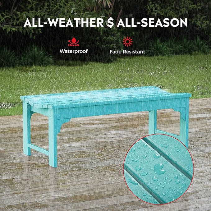 Costaelm Outdoor Benches Weatherproof, All Weather Resistant Park Bench Poly Lumber Backless Garden Bench Seat for Entryway Front Porch, Turquoise