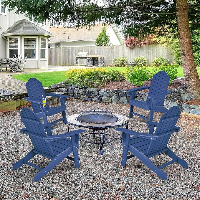 Giantex Adirondack Chair, HDPE All-Weather Patio Chair with Built-in Cup Holder, Outside Composite Chairs, Lawn Chair for Campfire, Deck, Garden, Yard, Balcony, Outdoor Fire Pit Chairs (2, Navy)