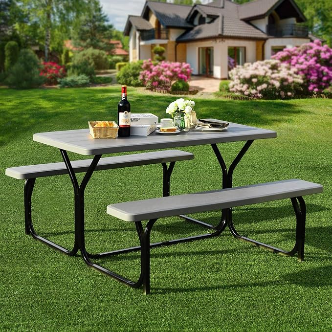 Giantex Picnic Table Bench Set Outdoor Camping All Weather Metal Base Wood-Like Texture Backyard Poolside Dining Party - Photo 2