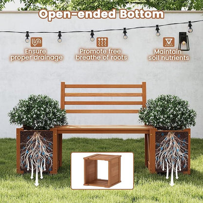 Outdoor Planter Box with Bench, Teak Oil Finish Wood Seat with 2 Open-Ended Base Garden Beds & Backrest, Decorative Plant Container for Yard, Balcony & Porch