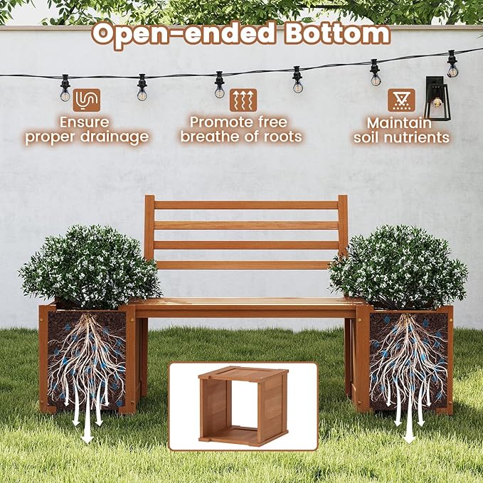 2 Pieces Outdoor Planter Box with Bench, Teak Oil Finish Wood Seat with 2 Open-Ended Base Garden Beds & Backrest, Decorative Plant Container for Yard, Balcony & Porch