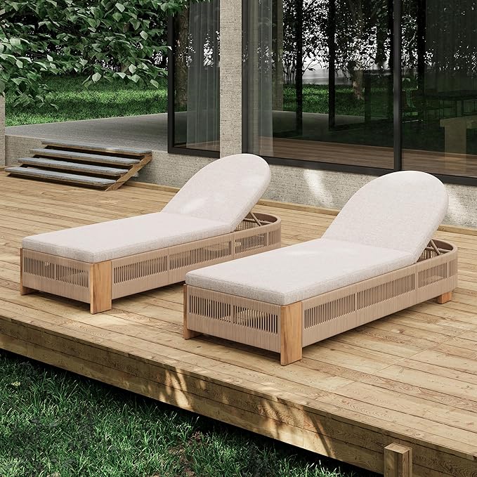 Christopher Knight Home Daskz Patio Chaise Lounge Chair Set of 2, Patio Outdoor Acacia Wood Chaise Lounge with Cushions, Adjustable Backrest Poolside Beach Yard Seating, Rope Design, 79.5'',Teak+Beige