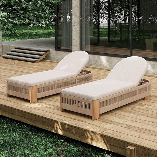 Christopher Knight Home Daskz Patio Chaise Lounge Chair Set of 2, Patio Outdoor Acacia Wood Chaise Lounge with Cushions, Adjustable Backrest Poolside Beach Yard Seating, Rope Design, 79.5'',Teak+Beige