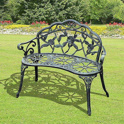 Green Metal Garden Bench, Outdoor Seating for Two, Patio Bench with Floral Accents, 46 Inch Wide