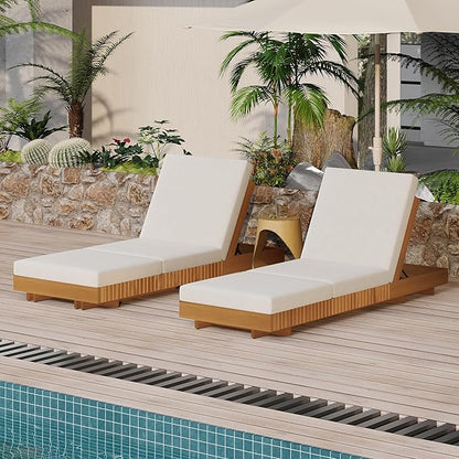 Merax 2-Piece Acacia Wood Chaise Lounge Set w/ 6-Position Adjustable Backrest & Cushion - Outdoor Patio Poolside Furniture, Beige