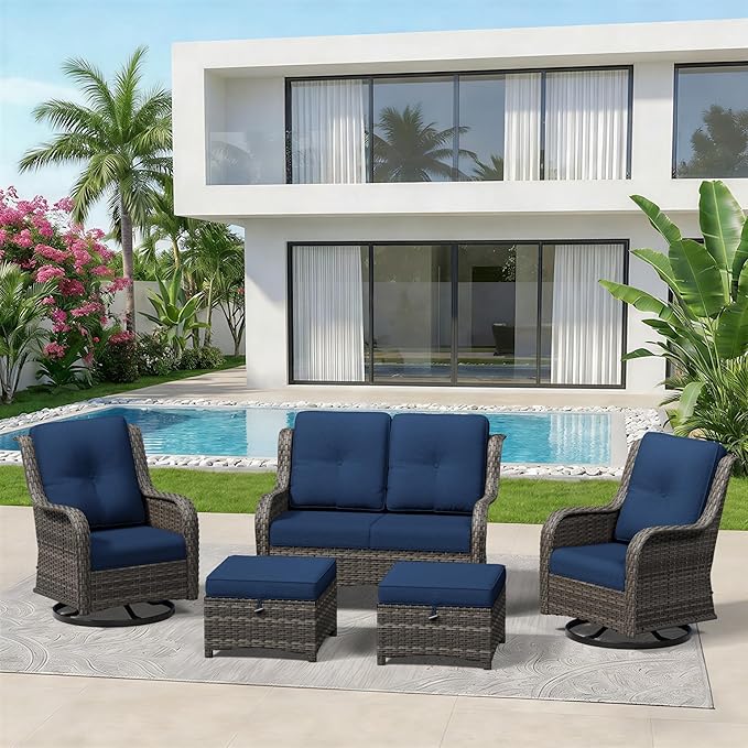 5 Piece Outdoor Wicker Patio Furniture Set, Outdoor Swivel Rocker Patio Chairs Set with Thickened Olefin Cushions, High Back and Deep Seating, Hand-Woven PE Rattan for Porch, Deck