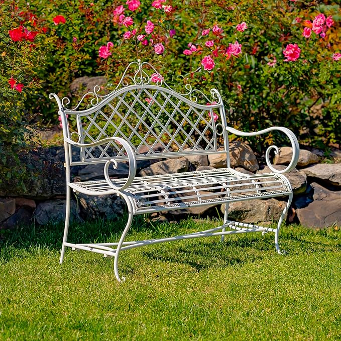 Zaer Ltd. Well Made Metal Garden Bench (Antique White)