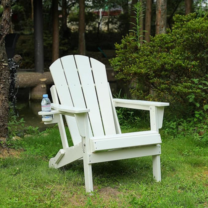 Folding Adirondack Chair with Dual Cup Holder, HDPE Composite Adirondack Chair with Wood Texture, Patio Chairs, Lawn Chairs, Outdoor Chair for Deck, Backyard, Garden (White)