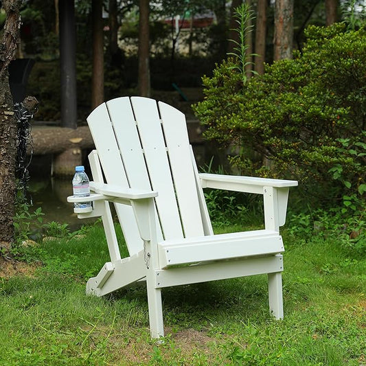 Folding Adirondack Chair with Dual Cup Holder, HDPE Composite Adirondack Chair with Wood Texture, Patio Chairs, Lawn Chairs, Outdoor Chair for Deck, Backyard, Garden (White)