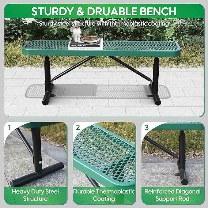 6FT Metal Park Bench for Outside, All-Weather Thermoplastic Coating Outdoor Bench with Anchor, Commercial Heavy Duty Benches for Shopping Malls, Stores, Parks, Patios, Decks, Green