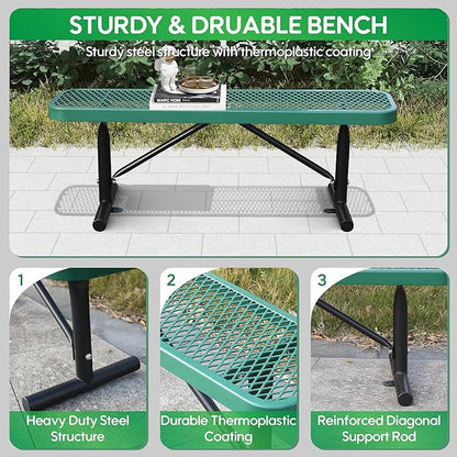 6FT Metal Park Bench for Outside, All-Weather Thermoplastic Coating Outdoor Bench with Anchor, Commercial Heavy Duty Benches for Shopping Malls, Stores, Parks, Patios, Decks, Green
