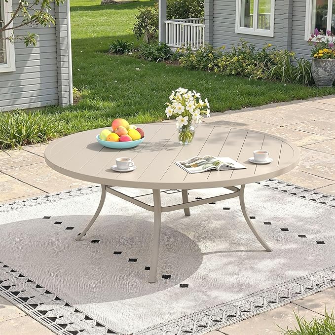 Outdoor Dining Table for 8, 63" Round Outdoor Table with Adjustable Umbrella Hole, All-Weather Metal Patio Dining Table for Lawn Garden Backyard Deck, Sandshell