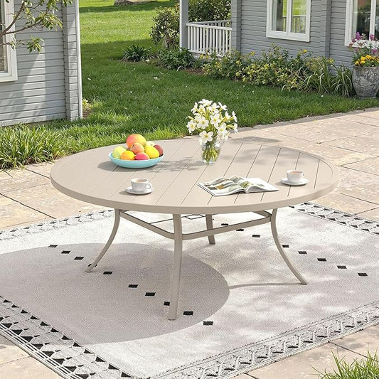 Outdoor Dining Table for 8, 63" Round Outdoor Table with Adjustable Umbrella Hole, All-Weather Metal Patio Dining Table for Lawn Garden Backyard Deck, Sandshell