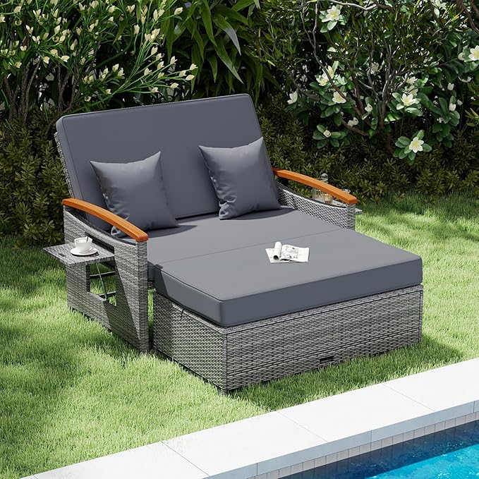 Tangkula Patio Rattan Daybed with 4-Level Adjustable Backrest, Outdoor Wicker Loveseat with Acacia Wood Armrest - Photo 2