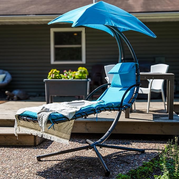 Sunnydaze Floating Chaise Lounger Swing Chair with Umbrella Canopy - Curved Steel Hammock Lounge Chair with Cushion and Pillow - Removable Cushion and Umbrella Shade - 82-Inch Tall - Teal