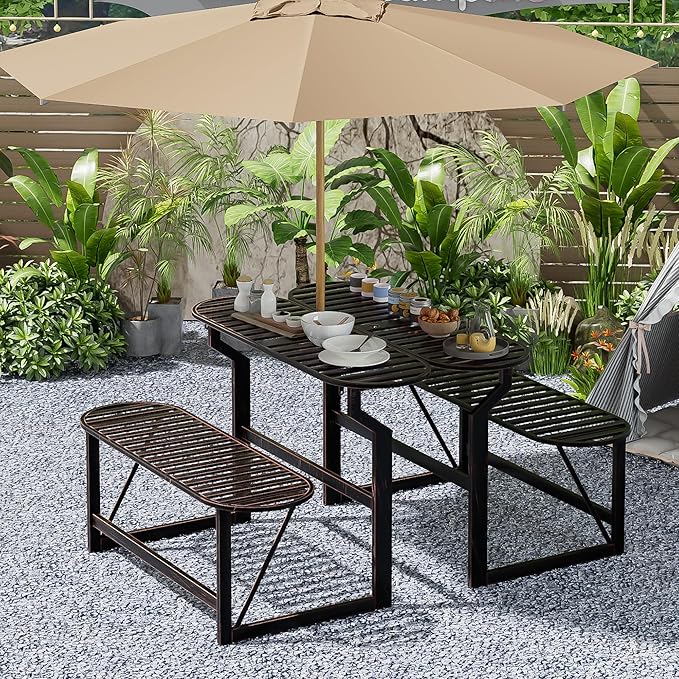 Convertible Bench, 2 in 1 Carbon Steel Picnic Table, Transforming Interchangeable Outdoor Table with Umbrella Hole, for Outside Patio Porch Backyard Park Garden 2 Pack Retro Brown Bench
