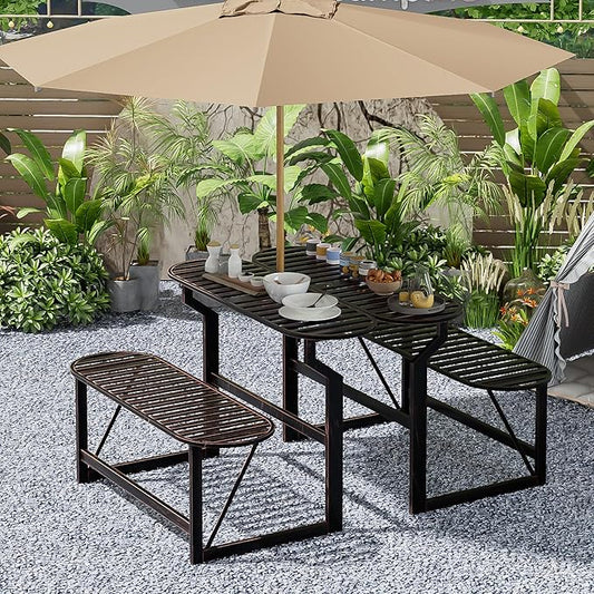 Convertible Bench, 2 in 1 Carbon Steel Picnic Table, Transforming Interchangeable Outdoor Table with Umbrella Hole, for Outside Patio Porch Backyard Park Garden 2 Pack Retro Brown Bench