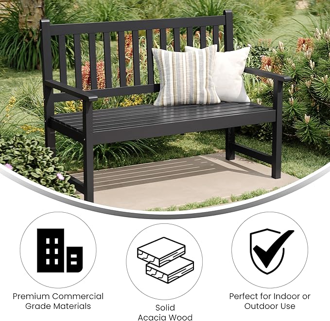 EMMA + OLIVER Ashford Patio Bench for Indoor/Outdoor Use, Acacia Wood Slatted Loveseat for 2, Perfect for Sunroom, Garden, Backyard or Porch, Black