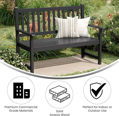 EMMA + OLIVER Ashford Patio Bench for Indoor/Outdoor Use, Acacia Wood Slatted Loveseat for 2, Perfect for Sunroom, Garden, Backyard or Porch, Black