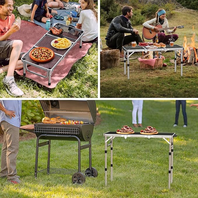 Anbte 3ft Folding Grill Table with Storage Bag, 3 Adjustable Height 27.5" Aluminum Portable Grill Table, Heat Resistant - Photo 8