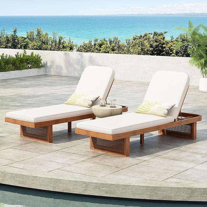 Merax Acacia Wood Chaise Lounge Chair Outdoor Set of 2, Patio Recliner with Adjustable Backrest and PE Rattan Design - Photo 1