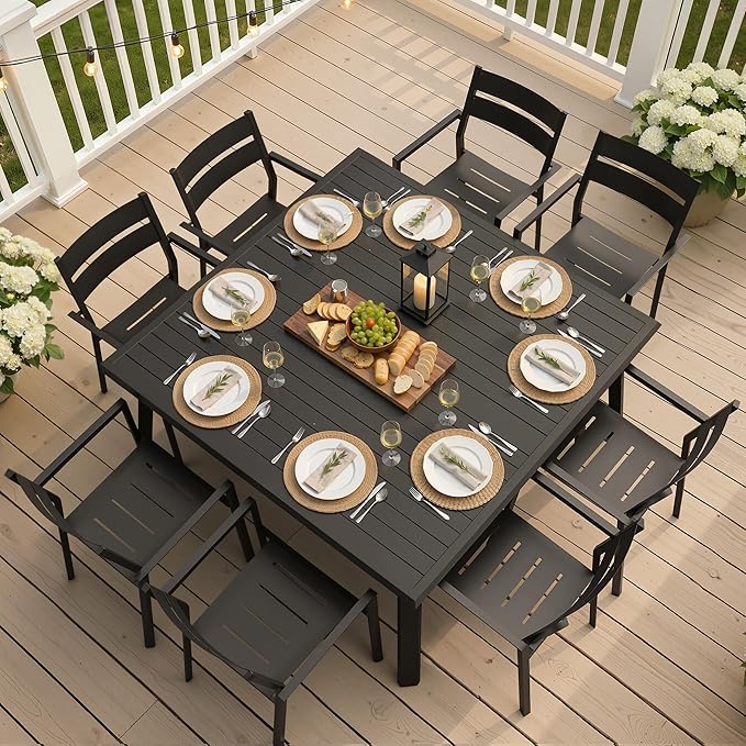 Aluminum Patio Dining Table with Umbrella Hole, 57" Square All-Weather Outdoor Table for 8 Slatted Design for Lawn, Backyard, Garden, Black