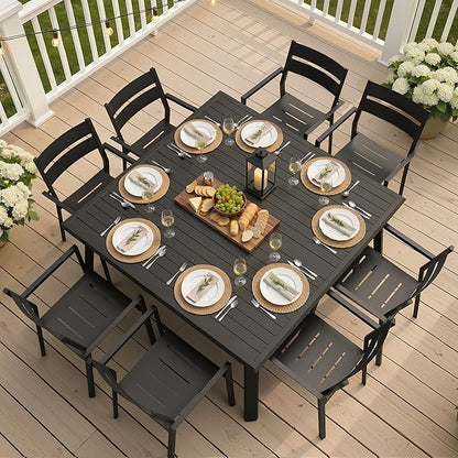 Aluminum Patio Dining Table with Umbrella Hole, 57" Square All-Weather Outdoor Table for 8 Slatted Design for Lawn, Backyard, Garden, Black