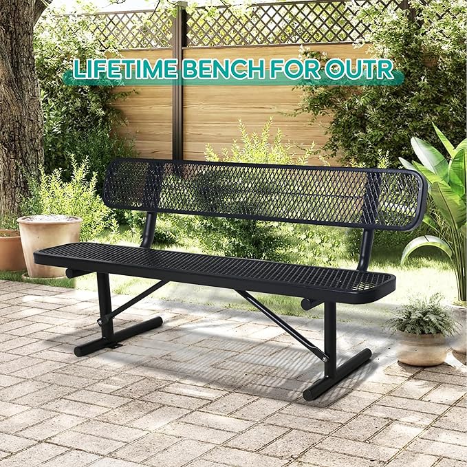 4/6/8 Feet Park Bench for Outside Heavy Duty Metal, Garden Benches Outdoor Bench with Backrest & Portable Frame, for Shopping Malls Stores Parks Patios Decks, Black