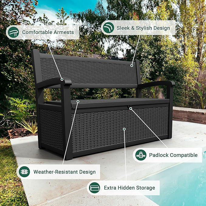 LHBcraft 70 Gallon Deck Bench with Storage,Outdoor Storage Box Bench Waterproof&Lockable, Resin Patio Furniture with Armrest for Patio, Porch, Garden,Black