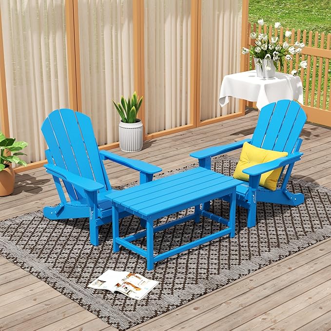 WO Home Furniture Adirondack Chairs Table Set of 3 PCS Outdoor Folding Chairs Coffee Table Weather/UV Resistant for Lawn - Photo 2