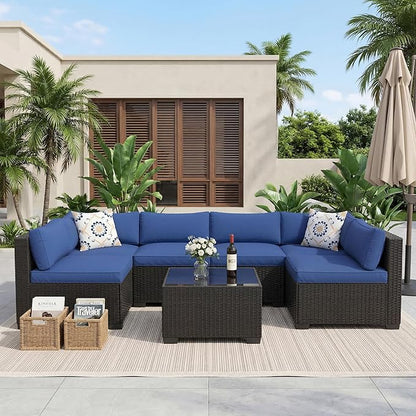 7-Piece Outdoor Patio Furniture Set, Modular Sectional Sofa with Water-Resistant Washable Thick Cushions & Coffee Table, Rattan & Wicker Conversation Set, Brown Frame (Black Wicker & Blue Cushions)